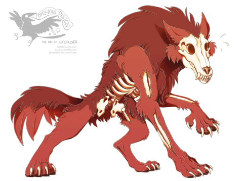 a fullbody image of a skeletal werewolf with reddish brown fur and patches of revealed bone, crouching on three limbs, clothesless and embarrassed